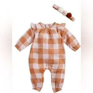 MUD PIE ORANGE PLAID BODYSUIT & HEADBAND SET• SIZE 9-12 MONTHS